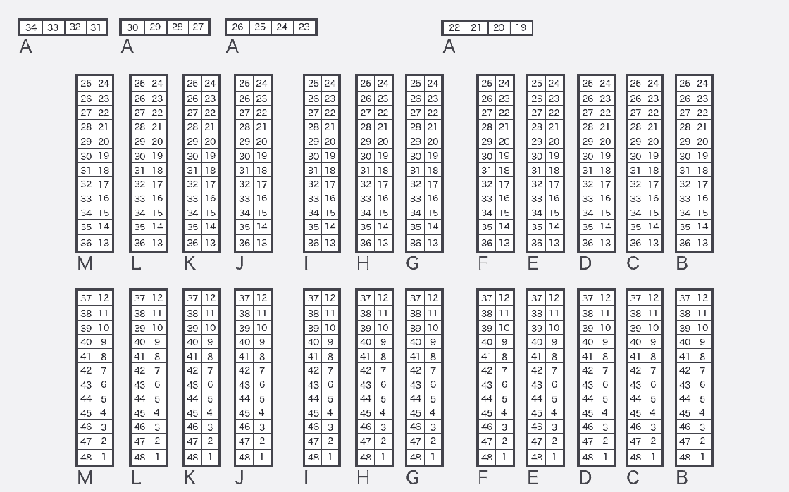 C108 東7 の概略図。壁の A と、M から B までのブロックが上下 2 つの島に分かれて並んでいる